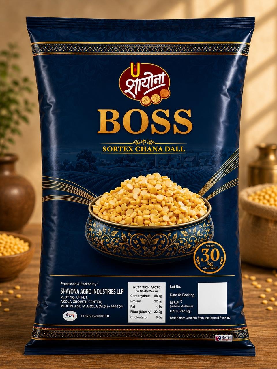 Shayona BOSS Sortex Chana Dal 30 kg pack