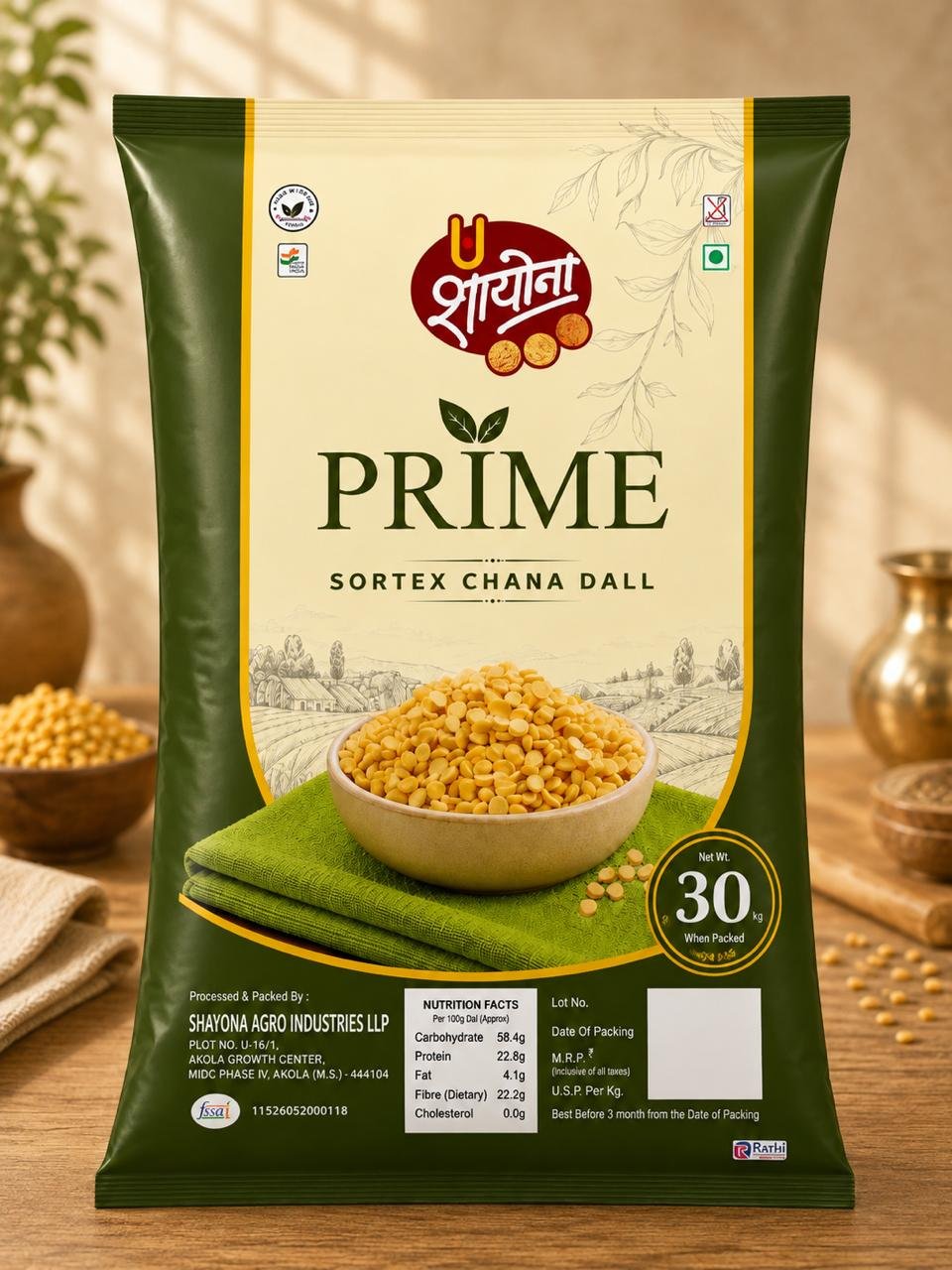 Shayona PRIME Sortex Chana Dal 30 kg pack