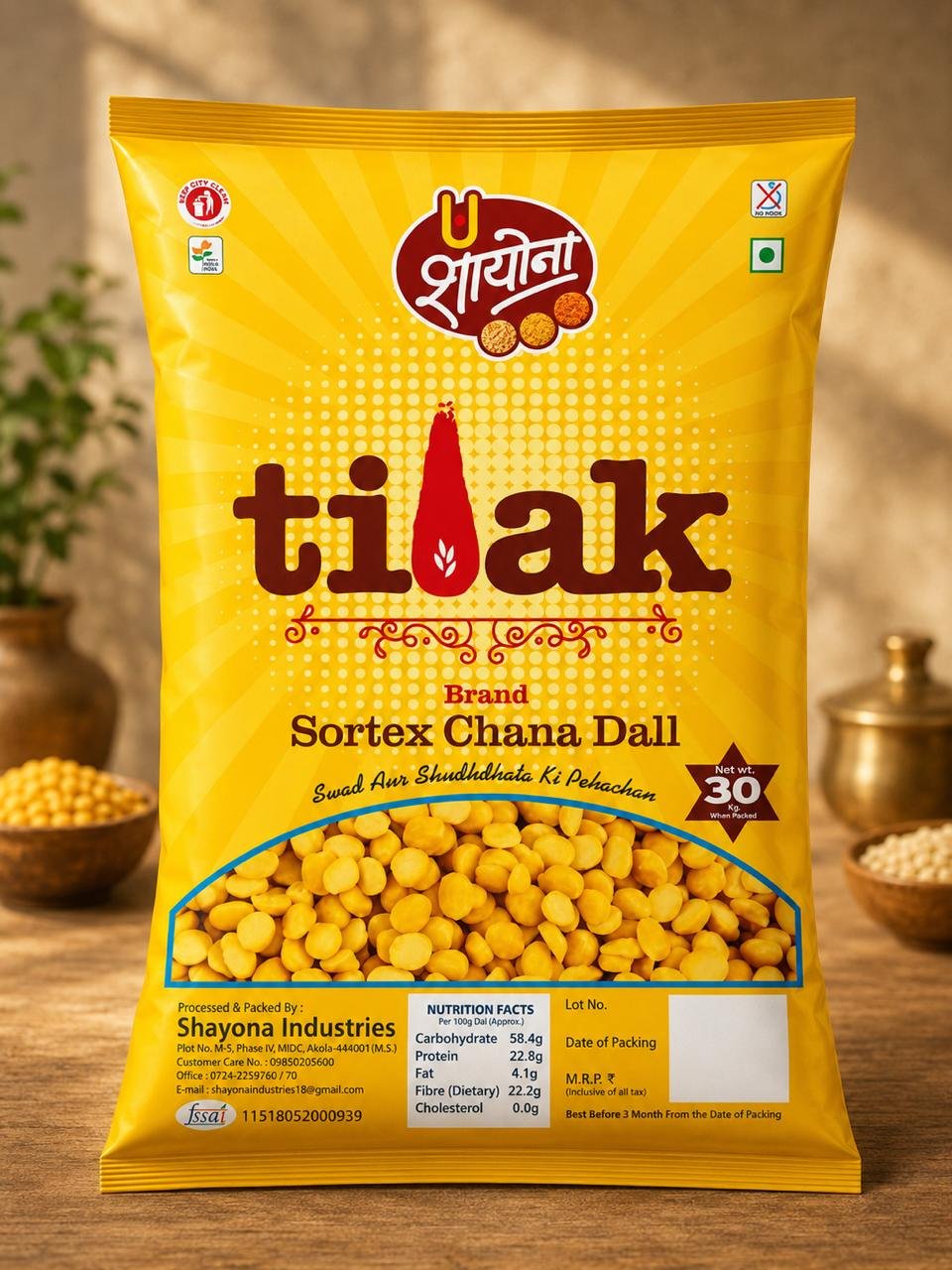 Shayona Tilak Sortex Chana Dal 30 kg pack